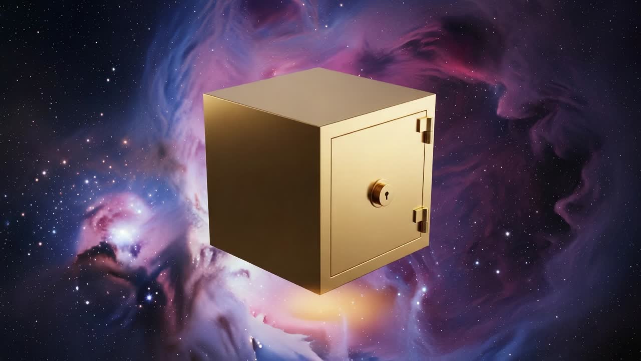 A Mysterious Golden Safe Suspended Amidst a Vibrant Cosmic Background, Capturing the Essence of Enigma and Intrigue in the Expansive Universe
