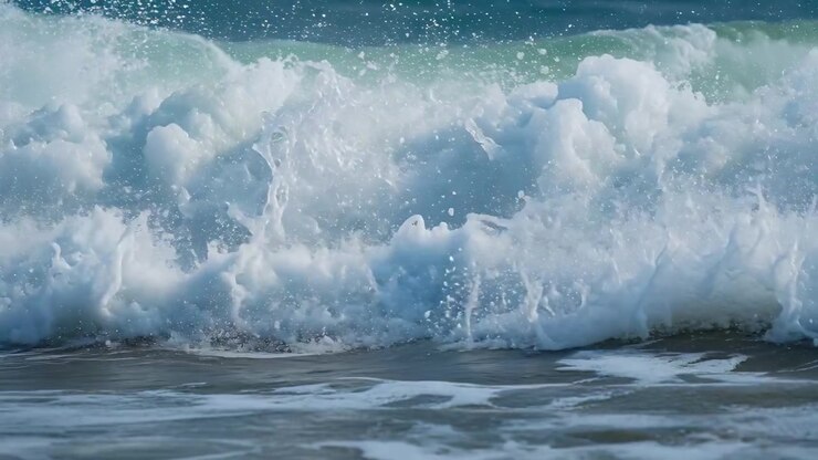 Surging ocean wave rising and breaking at shore, foaming and spraying while incoming swell pushing