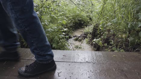 person walking on a wet wooden bridge over a small stream in a forest