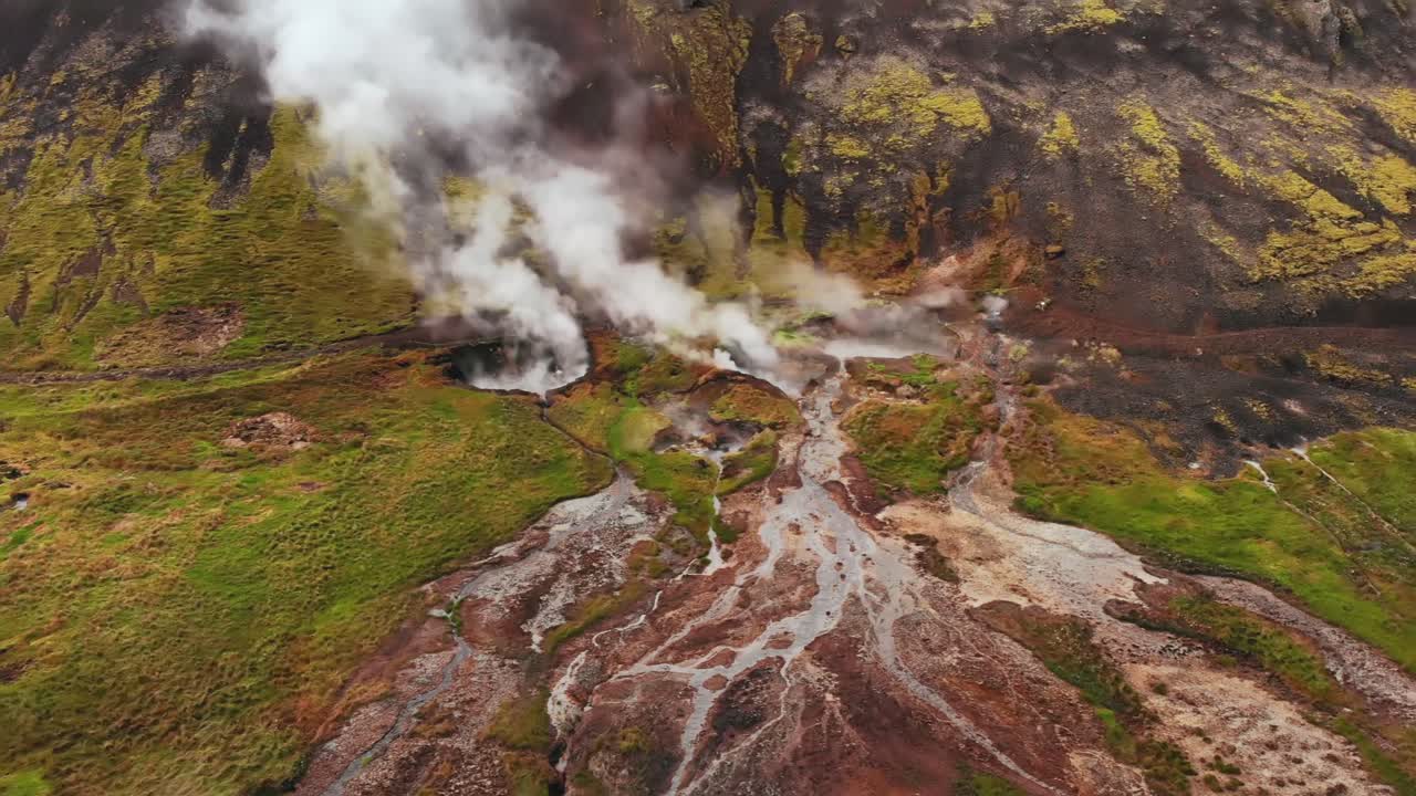 Aerial of geothermal hot springs in Hverager&eth;i, Iceland, a unique phenomenon