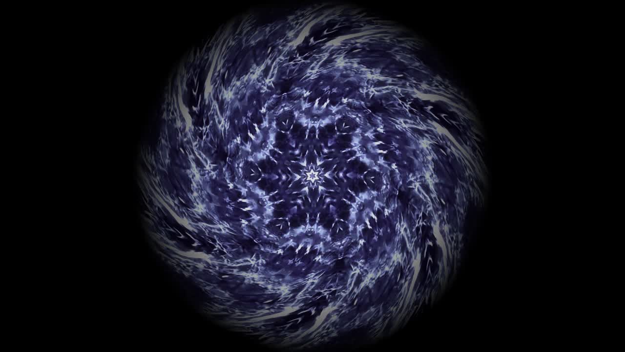 animación de un hermoso mandala de luz púrpura y azul girando sobre un fondo negro, es un símbolo del chakra de la corona