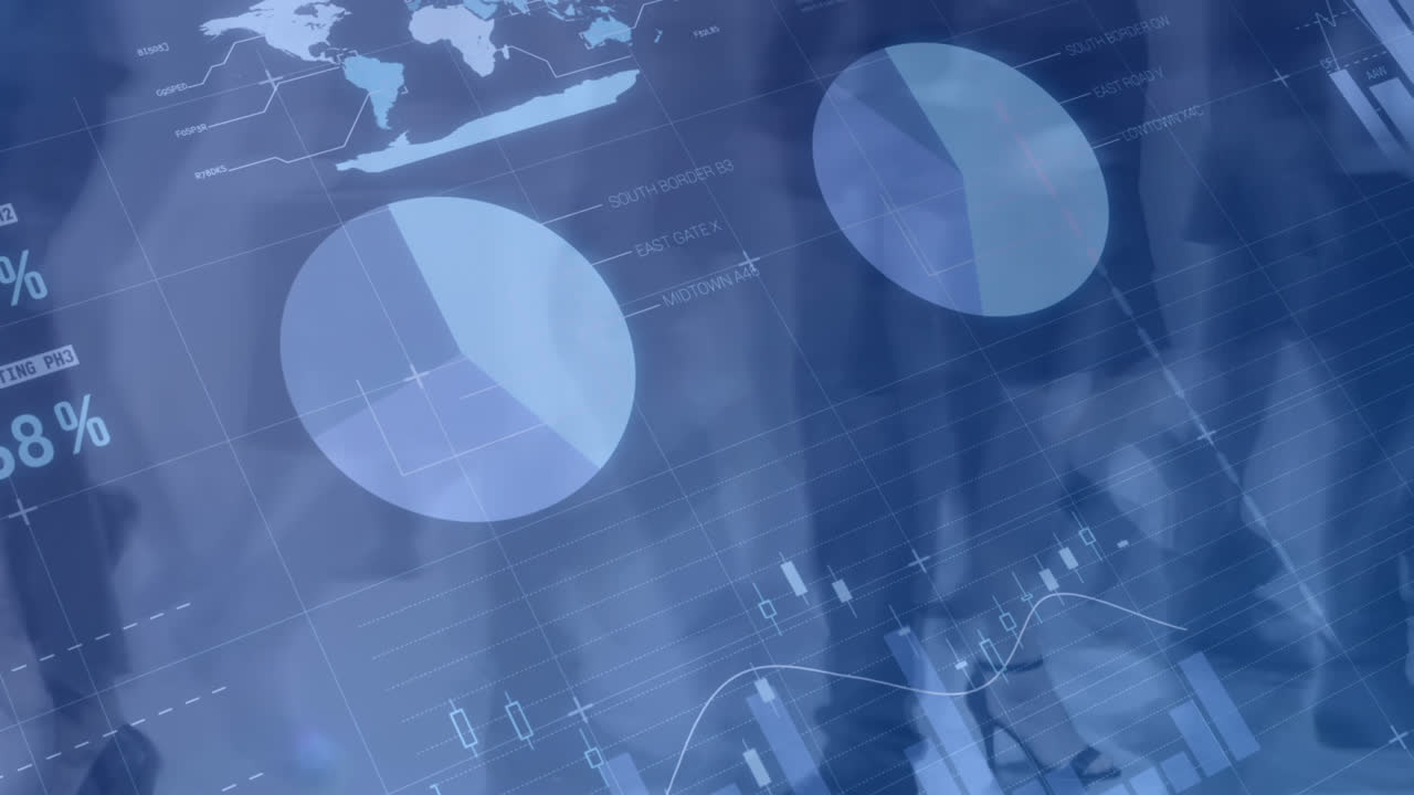 Walking people with financial data in the background 4k