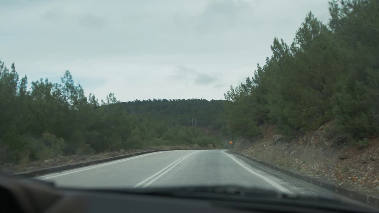colpo di viaggio su strada guardando attraverso il percorso forestale panoramico del finestrino dell'auto