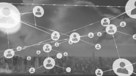 Animation-of-network-of-connections-with-icons-over-cityscape