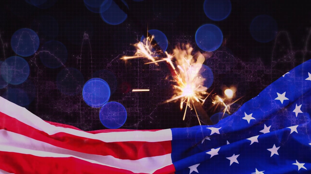 Animation of bokeh over fireworks and flag of usa
