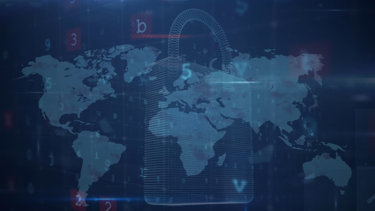 세계 지도에 대한 보안 잠금 아이콘을 통해 사이버 보안 데이터 처리의 애니메이션