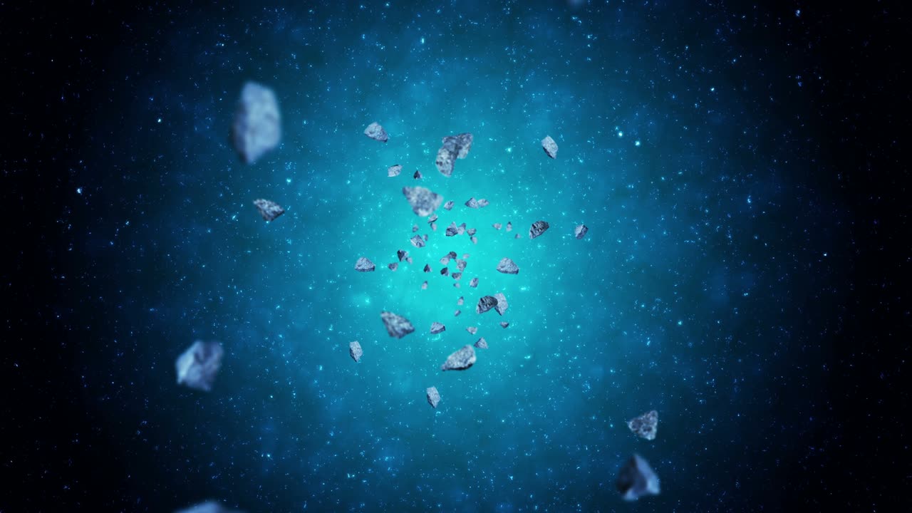 Flying many asteroids in deep space background. Broken splash explosion. The starry sky. 3D animation of meteorites rotating. Loop animation.