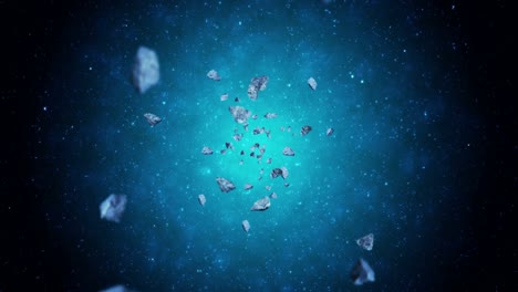 volando muchos asteroides en el fondo del espacio profundo. explosión de salpicaduras rotas. el cielo estrellado. animación 3d de meteoritos girando. animación de bucle.