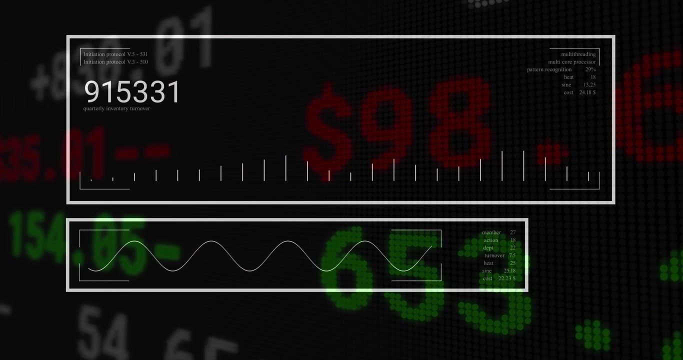 Visualizzazione animata di dati finanziari con grafici e tendenze di mercato