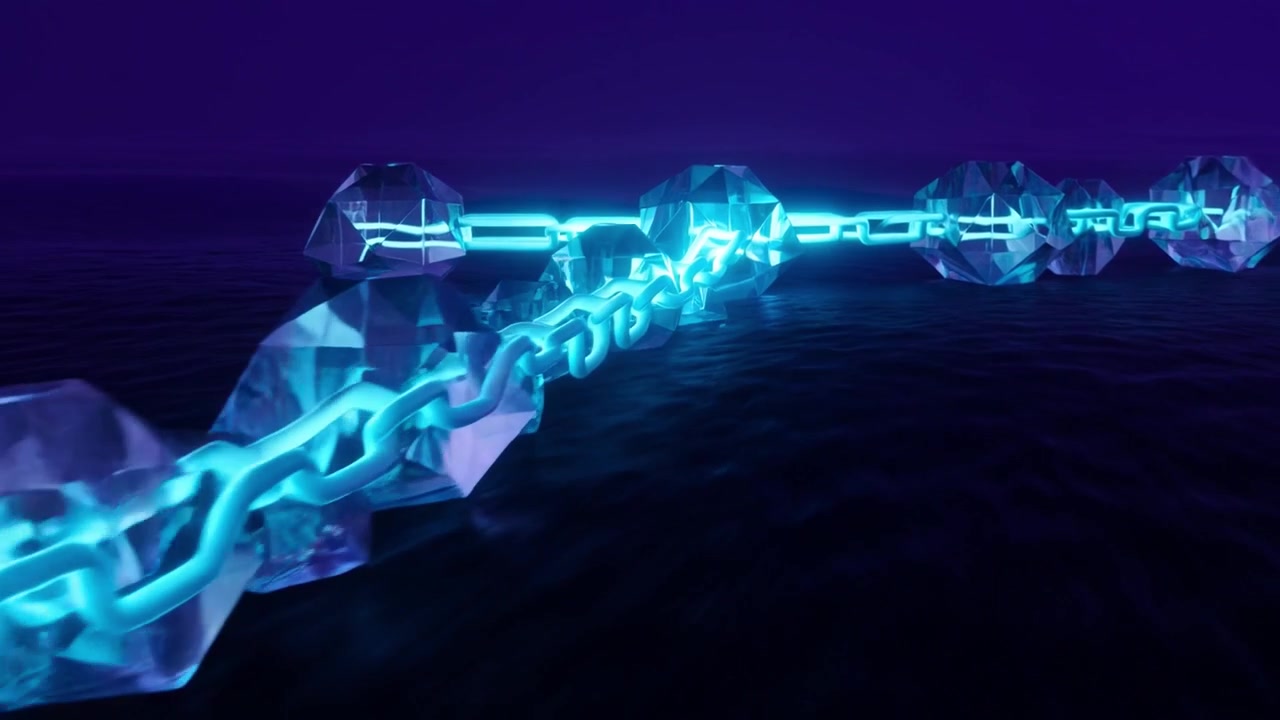 Concetto futuristico di blockchain con catena blu luminosa e blocchi di cristallo