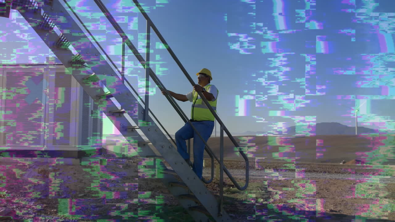 Maintenance worker climbing staircase on wind farm, showing energy data with glitches and X icons