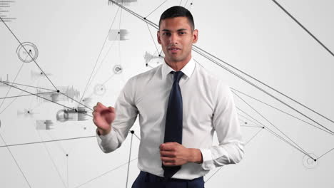 animation of network of connections over biracial businessman on white background