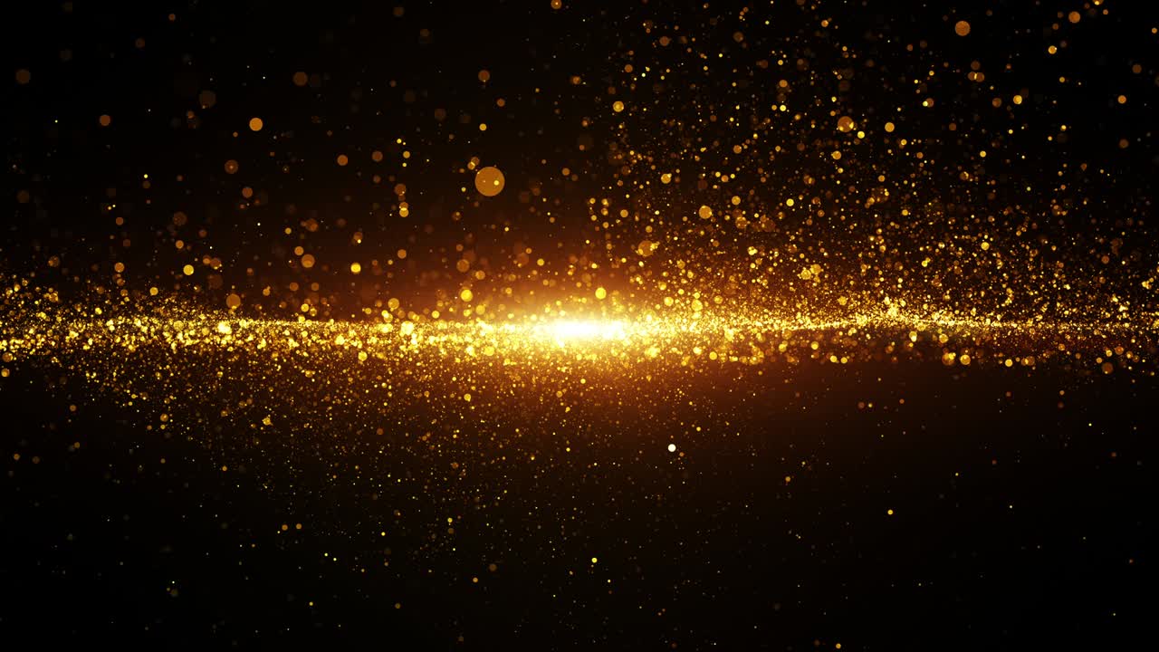 금색 디지털 입자 파동 흐름과 빛 박이는 추상 기술 배경 개념