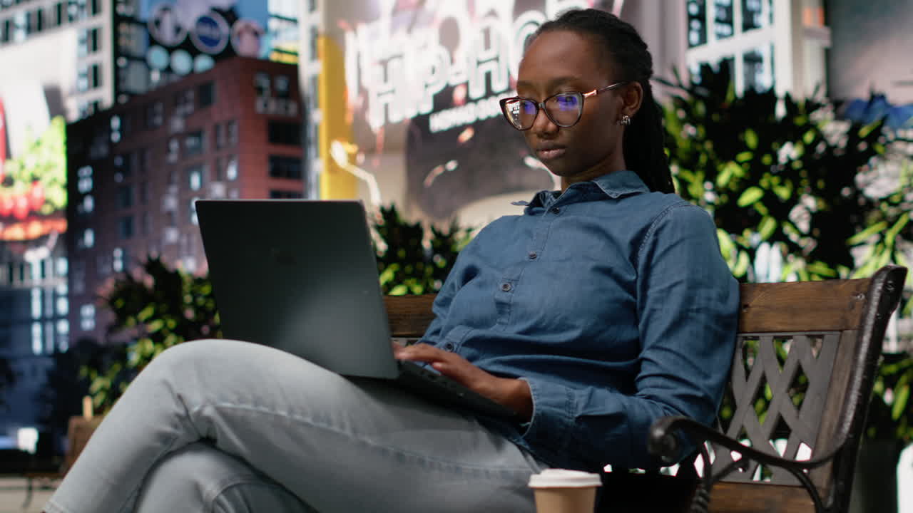 Student drinking coffee on park bench, using laptop to do homework