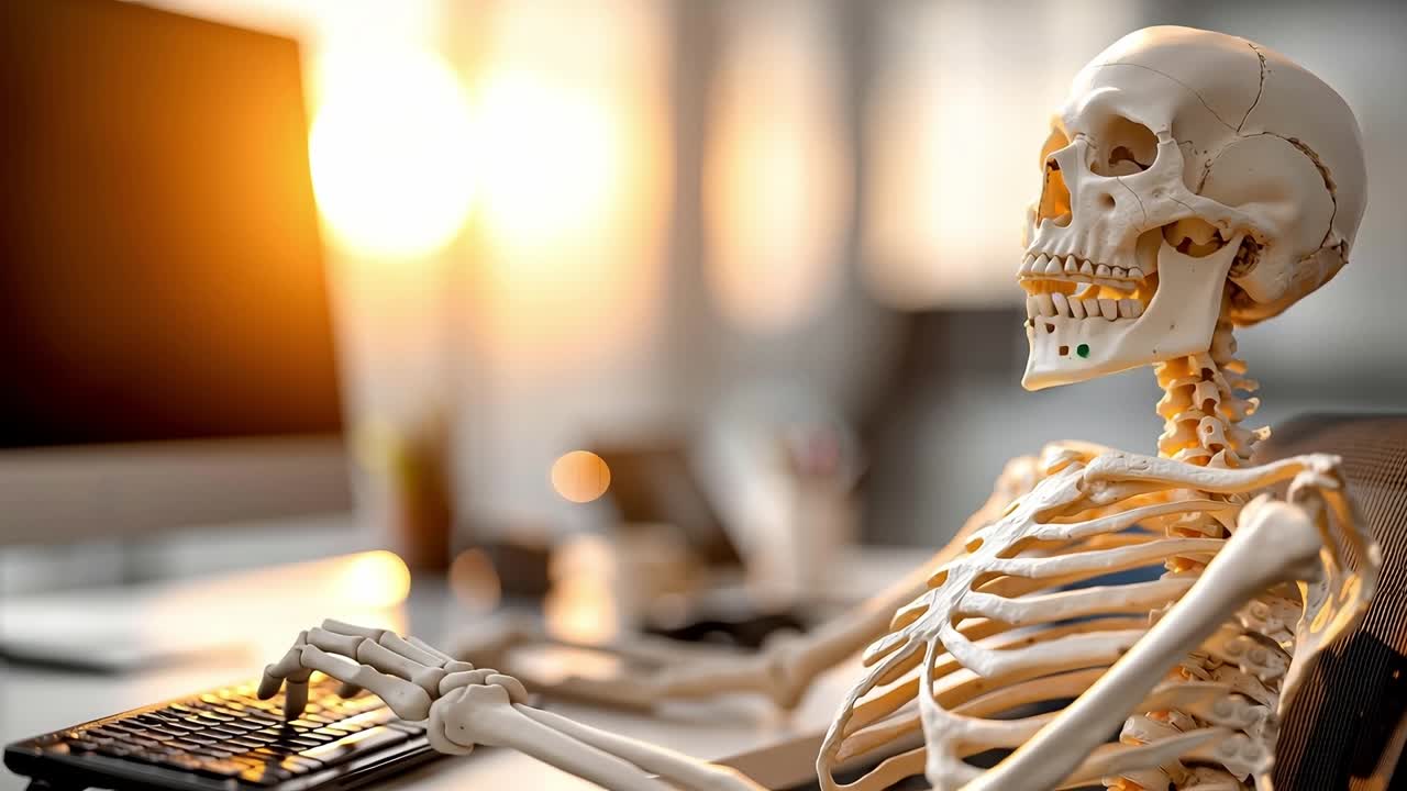 A skeleton sitting at a desk with a computer and keyboard