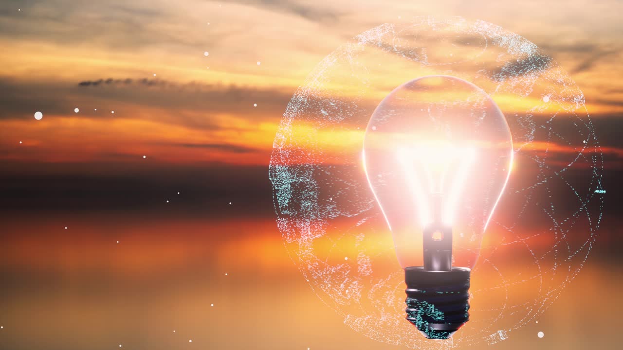 la bombilla eléctrica las conexiones brillantes en el fondo del atardecer. el concepto de la tecnología la innovación la inteligencia artificial la lluvia de ideas el éxito empresarial.