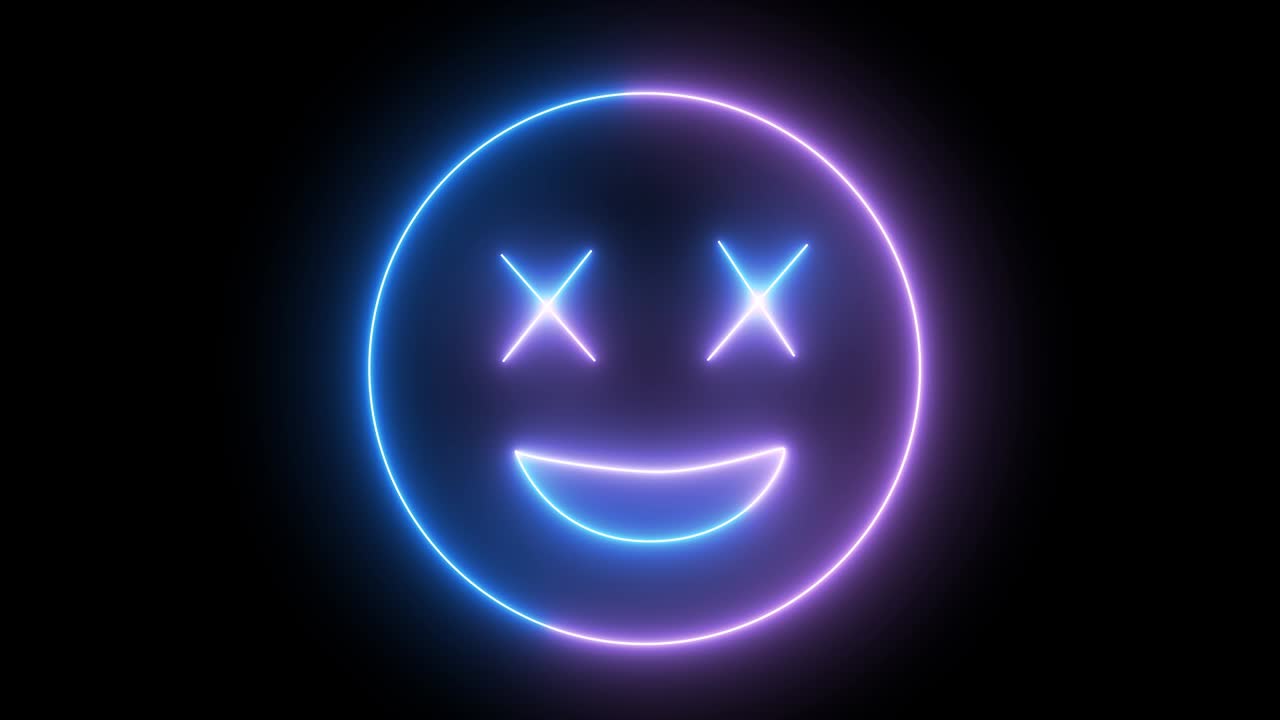 cara de emoji de neón, signo sonriente. personaje web con neón, luz brillante. cara sonriente aislada.
