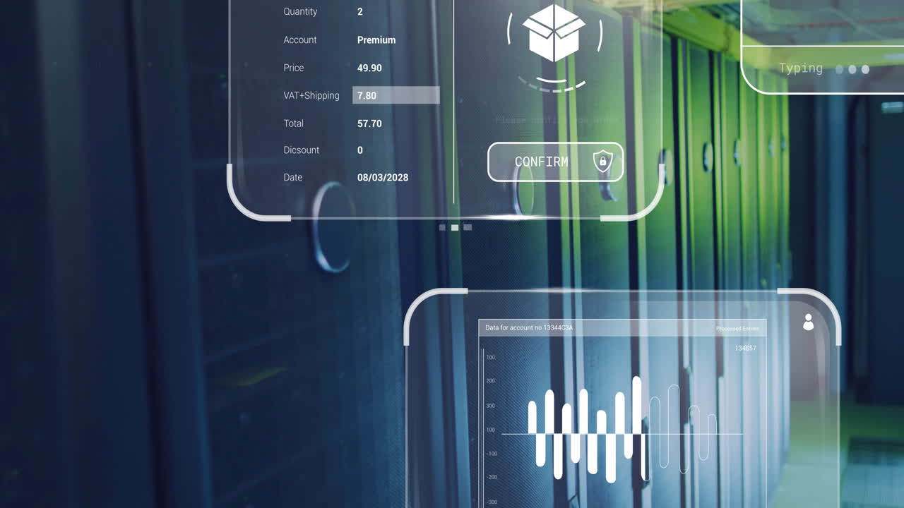 Showing animation of order details and bar graph in server room background