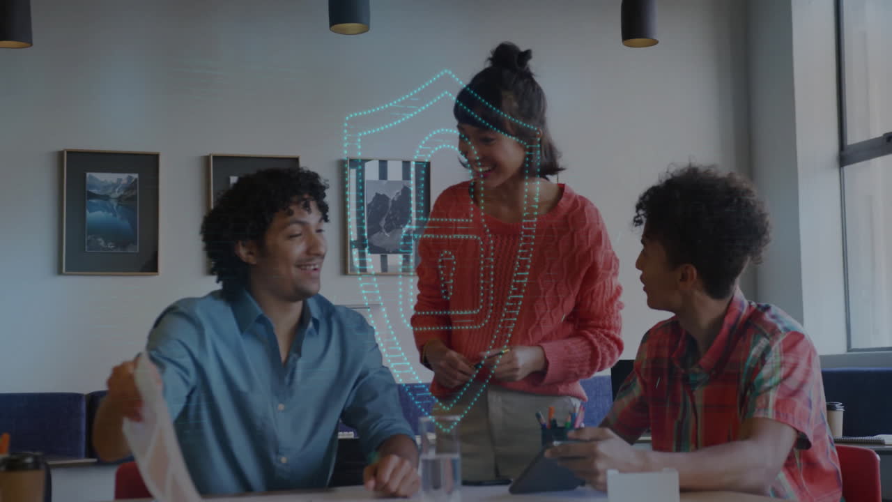 Animation of light spots and padlock over diverse business people discussing work