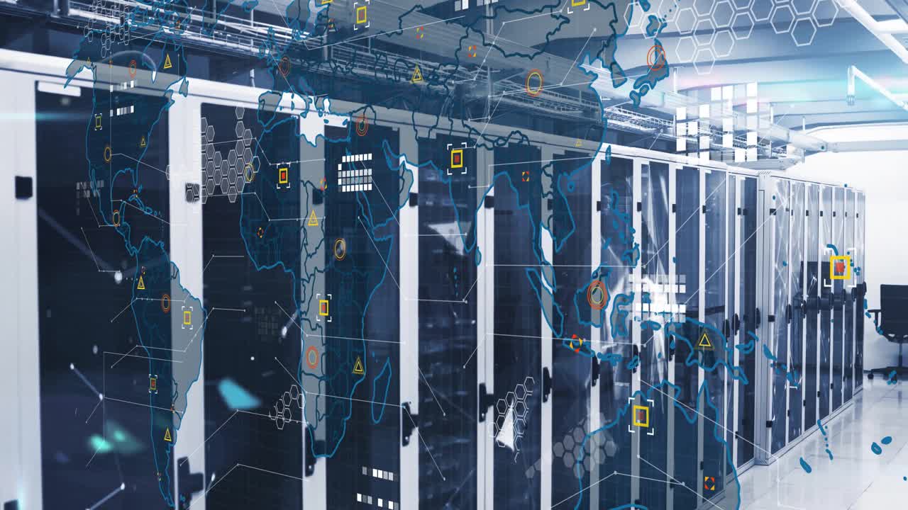 World map fading over server racks, icons rising, lines linking, dots flashing indicating security
