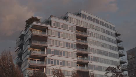 Edificio-Moderno-Durante-La-Puesta-De-Sol,-Cuervos-Migrando---Lapso-De-Tiempo