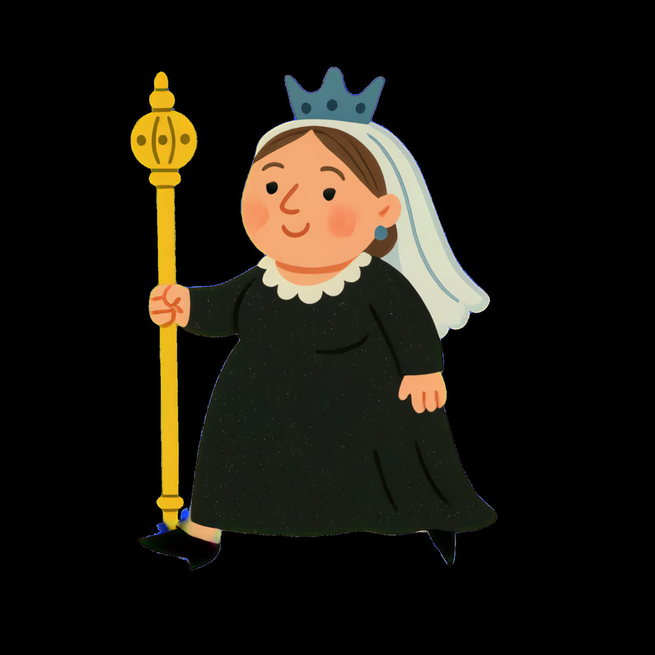Tegneserie dronning med scepter illustrationsanimation isoleret aktiv, transparent 4K video, alfa