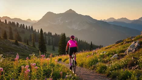 a breathtaking adventure through nature: a mountain biker navigates a scenic trail surrounded by wildflowers and majestic mountain peaks at dusk
