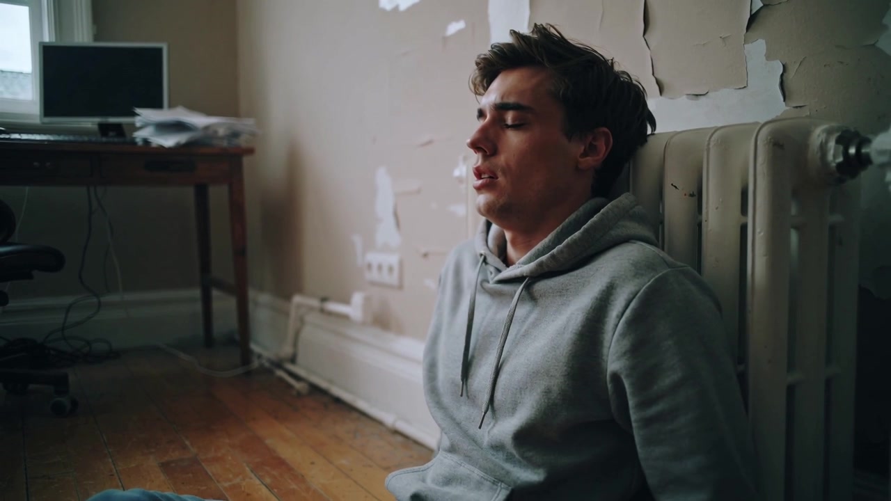 Leaning man in hoodie breathing and settling against radiator after desk work at home, copy space