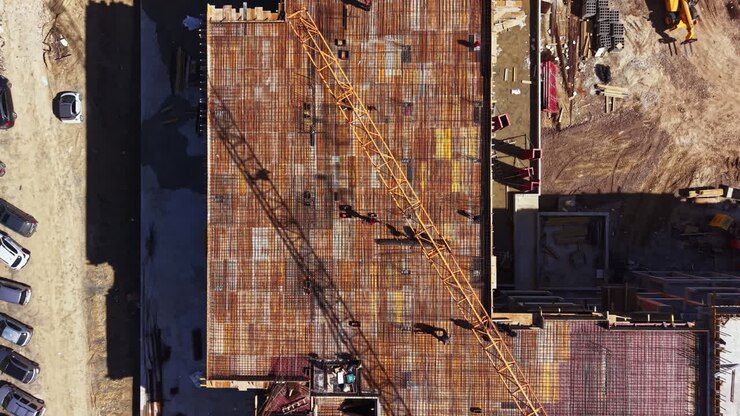 Construction site in a busy area shows workers, cranes, and building materials on a structure under development during daylight hours