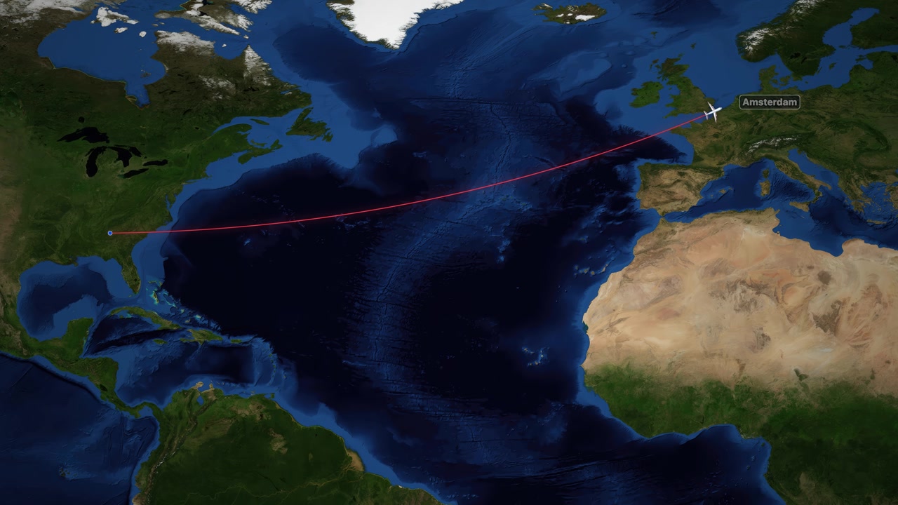 Airplane icon follows a red flight path across a world map from Georgia to Netherlands.