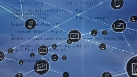 animation of network of connections with digital icons and data processing on blue background