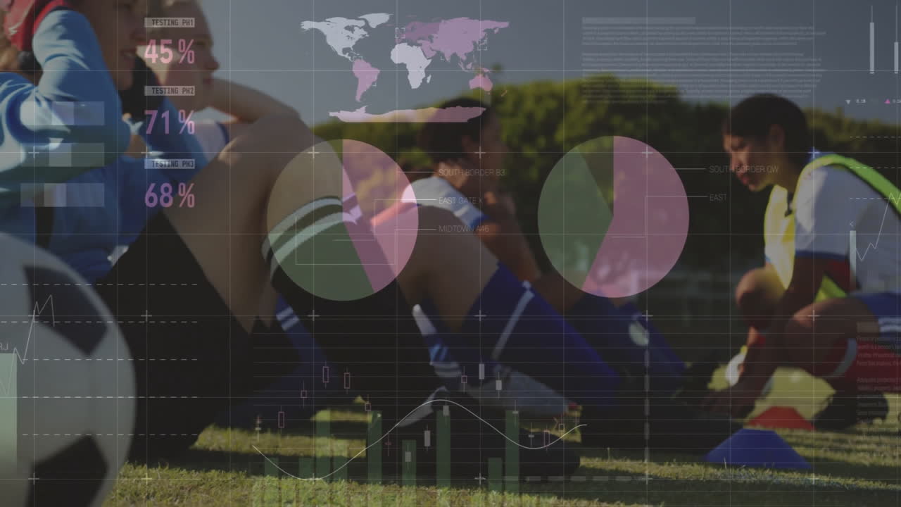 Soccer players resting on field with data visualization animation overlay