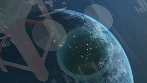 animación del procesamiento de datos estadísticos en todo el mundo contra el primer plano de las heces y el cubo.