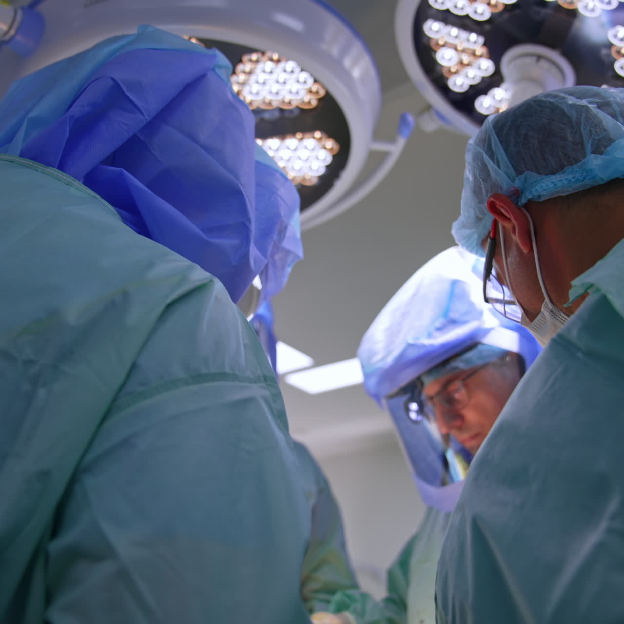 Quattro medici professionisti con caschi protettivi lavorano al tavolo operatorio. Vista dal basso sui medici che collaborano.