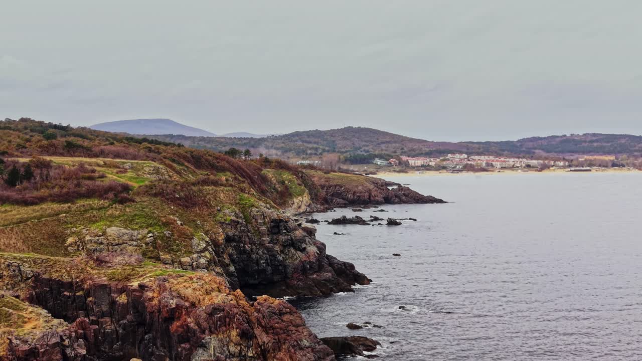Aerial view of Bulgaria's rocky coastline on a cloudy day