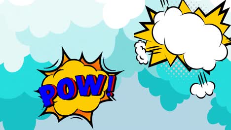 Animation-of-retro-cartoon-speech-bubbles-over-multiple-blue-clouds