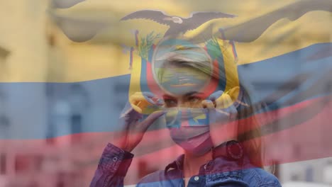 animation of flag of ecuador waving over woman wearing face mask during covid 19 pandemic