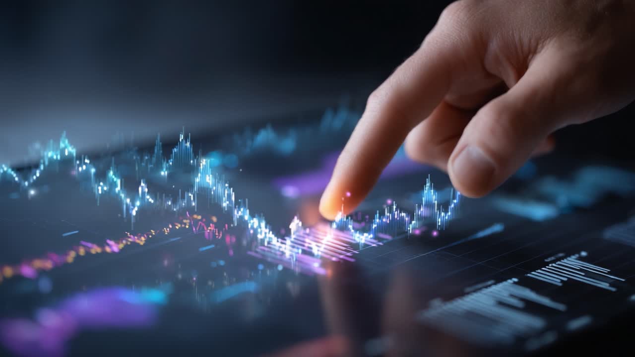 Primo piano di un utente coinvolto con interfacce innovative di visualizzazione dei dati, che mostra analisi finanziarie in tempo reale e tecnologia touchscreen interattiva