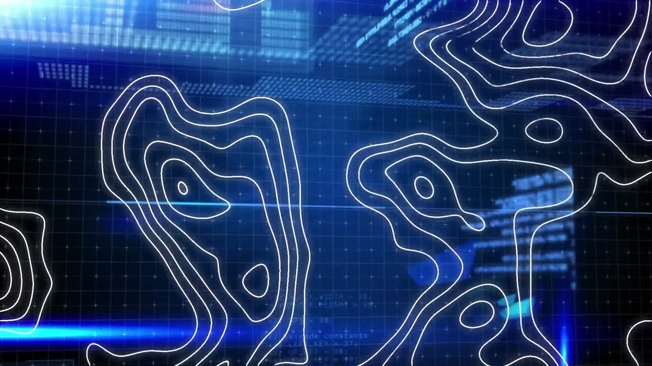 ⁇  선의 애니메이션, 빛나는 파란색 불빛 위의 디지털 데이터 처리