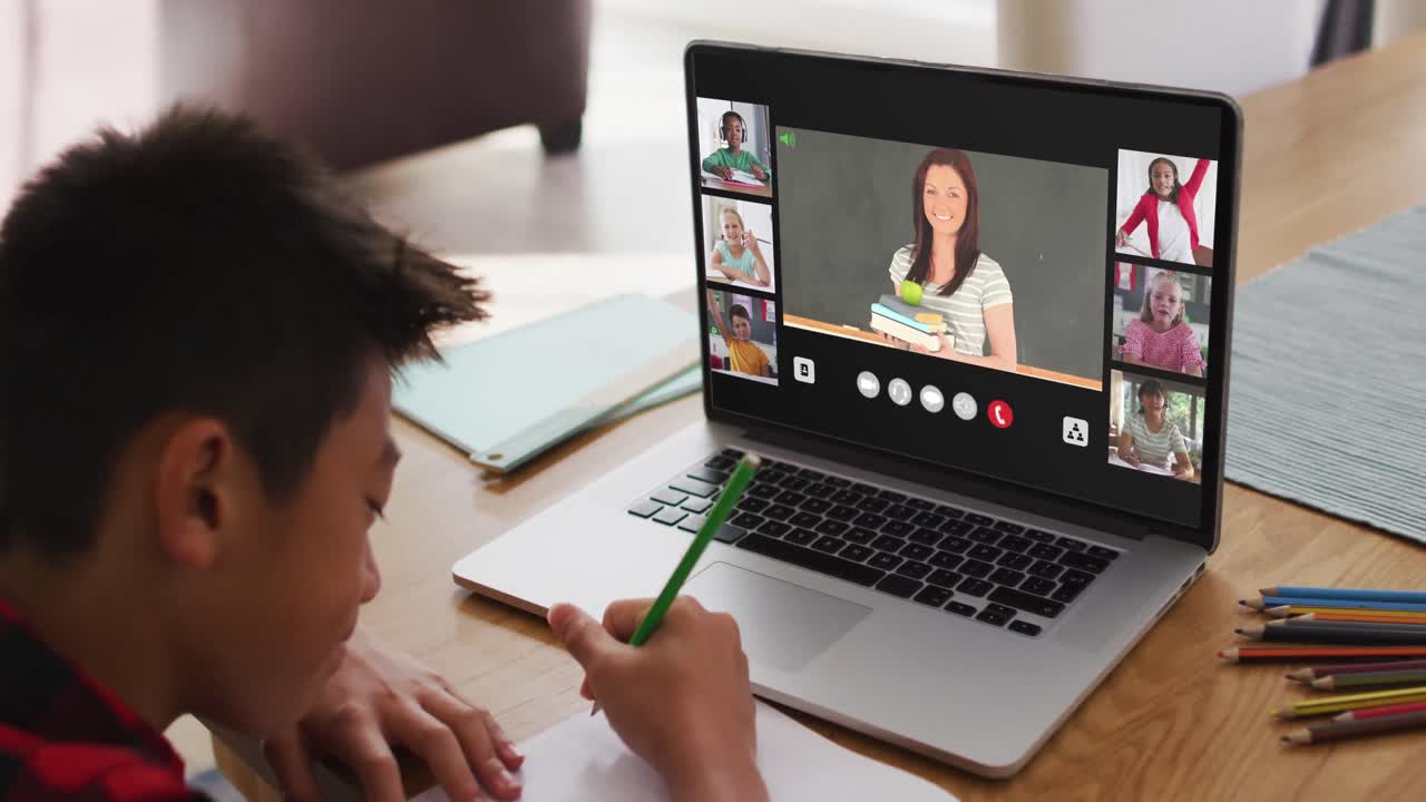 Composite of boy using laptop for online lesson at home, with diverse teacher and class on screen
