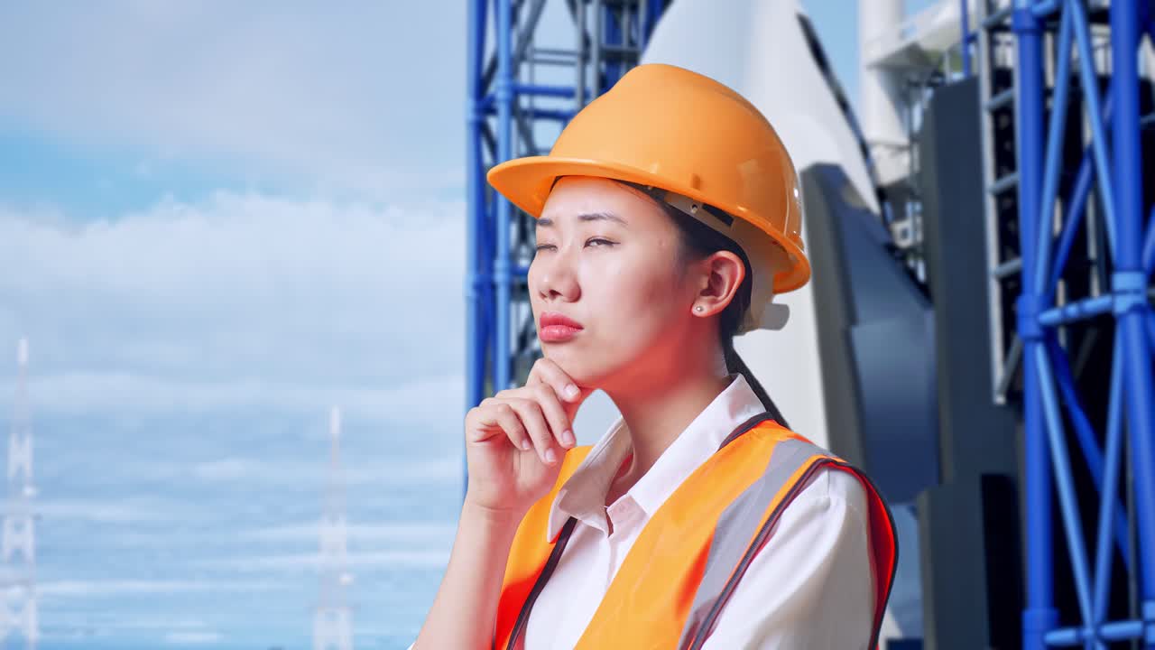 안전 헬을 입은 아시아 여성 엔지니어가 무언가에 대해 생각하고 우주왕복선과 함께 서있는 동안 주위를 둘러보고 있습니다.