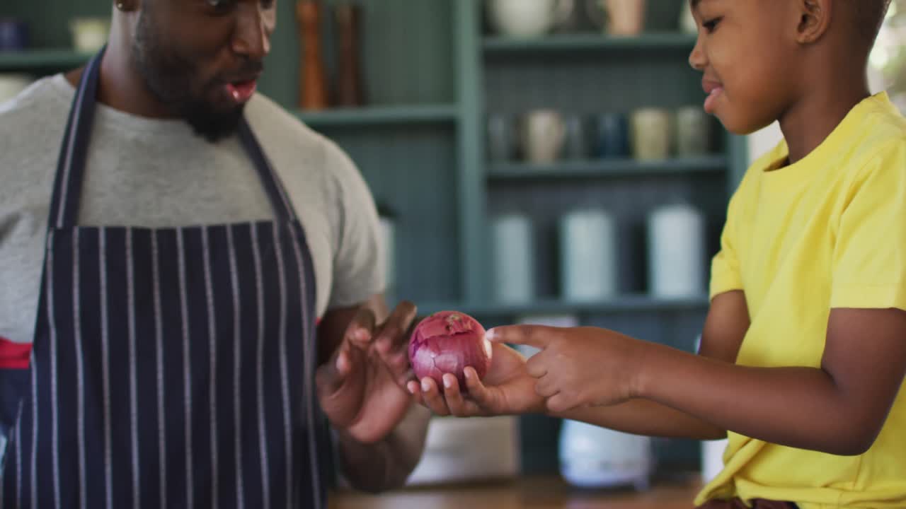 padre y hijo afroamericanos en la cocina usando delantales y preparando la cena juntos