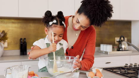 mother, child and learning to bake in kitchen