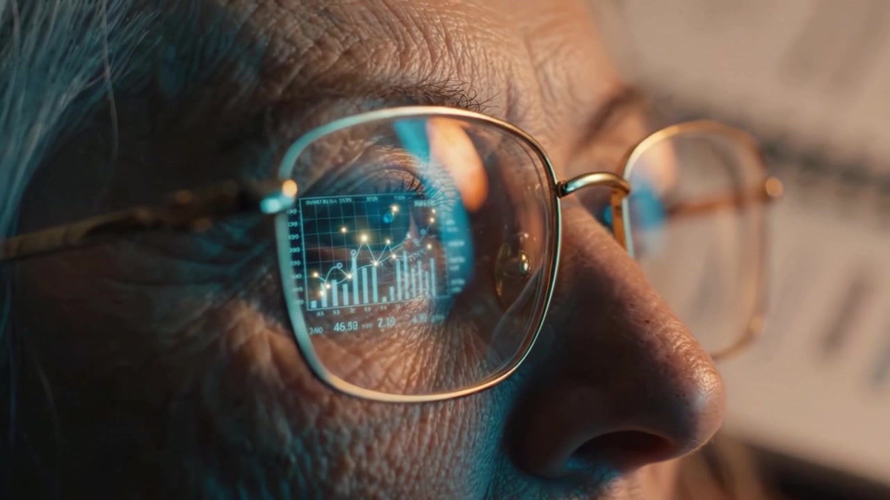 An elder person's focused gaze reflects intricate data visualizations, showcasing graphs and analytics, highlighting their engagement with modern technology and data insights.