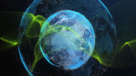 Animation-of-dynamic-waves-over-connected-dots-around-globe-against-abstract-background