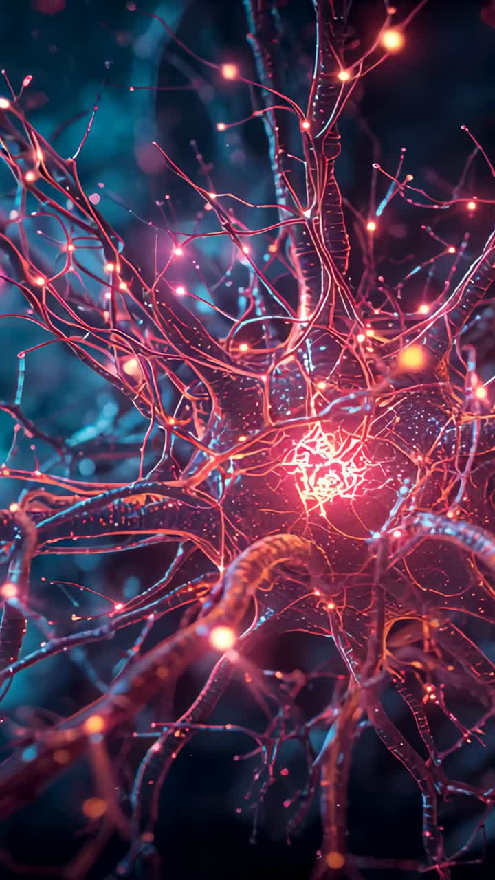 Vertical video: Glowing neuron soma sending pulses along branches and axon in lab simulation, motes