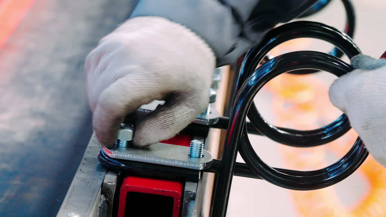 trabajador de un taller de montaje manual que fija componentes metálicos en una unidad industrial