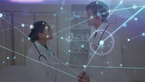 animation of network of connections over diverse female and male doctors talking
