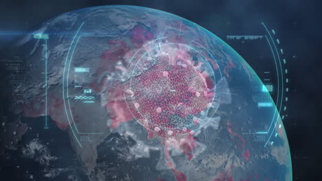 animation of covid 19 cell over globe, scope scanning and data processing