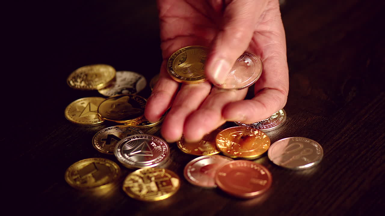 Man hand holding crypto coins and golden bitcoin on a table